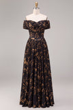 Vestido formal largo y largo de cabello negro, línea A con hombros descubiertos, floral y fruncido