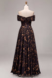 Vestido formal largo y largo de cabello negro, línea A con hombros descubiertos, floral y fruncido