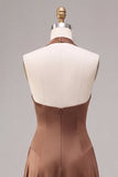 Vestido formal largo sin espalda en línea en forma de A de satín café con escote halter