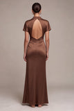 Satin Coffee Satin Short Alto Vestido Sirena de Cuello Alto y Manga Corta