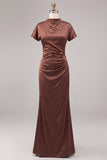 Satin Coffee Satin Short Alto Vestido Sirena de Cuello Alto y Manga Corta