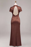 Satin Coffee Satin Short Alto Vestido Sirena de Cuello Alto y Manga Corta