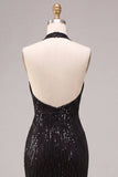 Vestido formal largo con cuello de sirena negra con cuello halter