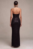 Vestido formal largo con cuello de sirena negra con cuello halter