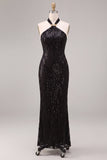 Vestido formal largo con cuello de sirena negra con cuello halter