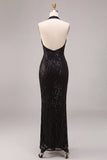 Vestido formal largo con cuello de sirena negra con cuello halter
