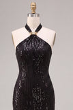Vestido formal largo con cuello de sirena negra con cuello halter