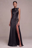 Vestido formal largo de satén sirena sirena oliva con escote largo y abertura