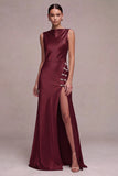 Vestido formal largo de satén sirena sirena oliva con escote largo y abertura
