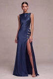 Vestido formal largo de satén sirena sirena oliva con escote largo y abertura