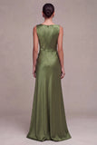 Vestido formal largo de satén sirena sirena oliva con escote largo y abertura