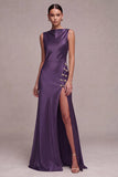 Vestido formal largo de satén sirena sirena oliva con escote largo y abertura
