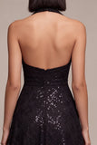 Vestido formal midi sin espalda sin espalda negro con cuello halterdo