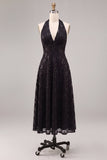 Vestido formal midi sin espalda sin espalda negro con cuello halterdo