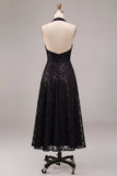 Vestido formal midi sin espalda sin espalda negro con cuello halterdo