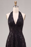 Vestido formal midi sin espalda sin espalda negro con cuello halterdo