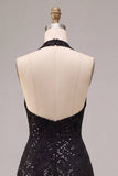 Vestido formal midi sin espalda sin espalda negro con cuello halterdo