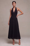 Vestido formal Maxi de chiffon negro con escote en línea A y pliegues