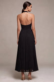 Vestido formal Maxi de chiffon negro con escote en línea A y pliegues