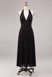 Vestido formal Maxi de chiffon negro con escote en línea A y pliegues