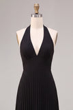 Vestido formal Maxi de chiffon negro con escote en línea A y pliegues