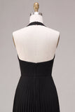 Vestido formal Maxi de chiffon negro con escote en línea A y pliegues