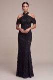 Vestido formal Maxi Maxi de encaje con cuello en negro sirena