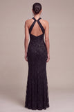 Vestido formal Maxi Maxi de encaje con cuello en negro sirena
