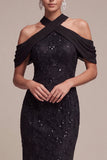 Vestido formal Maxi Maxi de encaje con cuello en negro sirena
