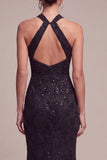 Vestido formal Maxi Maxi de encaje con cuello en negro sirena