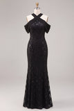 Vestido formal Maxi Maxi de encaje con cuello en negro sirena