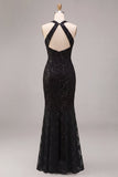 Vestido formal Maxi Maxi de encaje con cuello en negro sirena