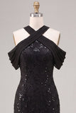 Vestido formal Maxi Maxi de encaje con cuello en negro sirena