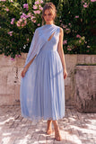 Vestido midi sin mangas de chiffon, escote en V y escote en V azul con capa