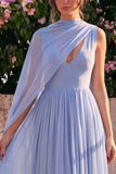 Vestido midi sin mangas de chiffon, escote en V y escote en V azul con capa