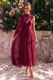 Vestido midi sin mangas de chiffon, escote en V y escote en V azul con capa