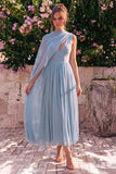 Vestido midi sin mangas de chiffon, escote en V y escote en V azul con capa