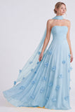 Vestido largo de dama de honor Daffodil sin tirantes de gasa en A-Line con flores 3D