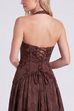 Corsé espresso de línea A con escote halter, encaje floral con encaje en la espalda y largo vestido de dama de honor con abertura