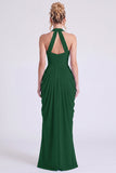 Vestido largo largo de dama de honor con cuello alto y flor arrugado de sirena salvia polvoriento