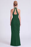 Vestido largo largo de dama de honor con cuello alto y flor arrugado de sirena salvia polvoriento