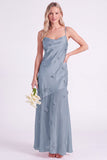 Vestido largo de dama de honor de tirantes finos de satén rosa con flores 3D