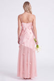 Vestido largo de dama de honor de tirantes finos de satén rosa con flores 3D