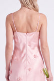 Vestido largo de dama de honor de tirantes finos de satén rosa con flores 3D