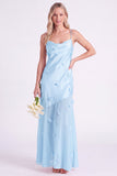 Vestido largo de dama de honor de tirantes finos de satén rosa con flores 3D