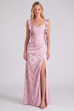 Vestido largo de dama de honor con tirantes florales Jacquard y abertura