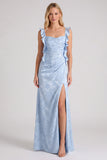 Vestido largo de dama de honor con tirantes florales Jacquard y abertura