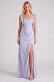 Vestido largo de dama de honor con tirantes florales Jacquard y abertura