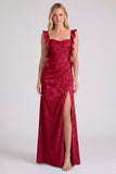 Vestido largo de dama de honor con tirantes florales Jacquard y abertura