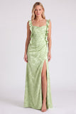 Vestido largo de dama de honor con tirantes florales Jacquard y abertura